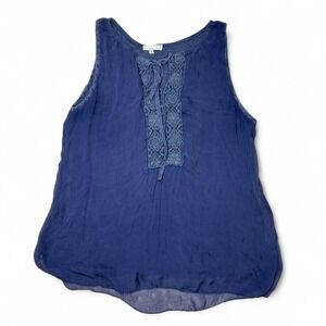 KEYSHA Italy 100% Silk Lace Trim Tie Front Tank Top Navy Blue Sz S Summer Boho